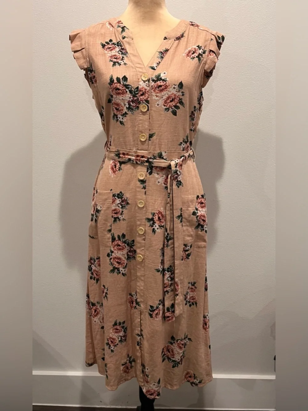 Monteau Los Angeles Tie-Waist Midi Dress in Light Peach - Picture 1 of 2